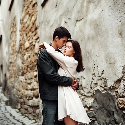Young couple embracing against stone wall