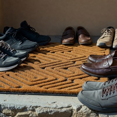Variety of men's shoes on doormat