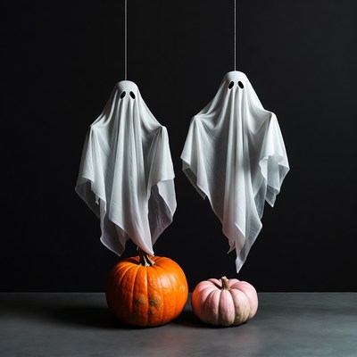 Two Hanging Ghosts with Pumpkins