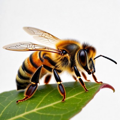Honey Bee on Green Leaf