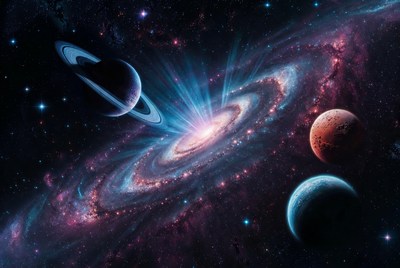 Spiral Galaxy with Saturn and Planets