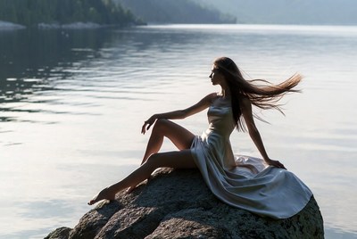 Woman in white dress on lakeside rock
