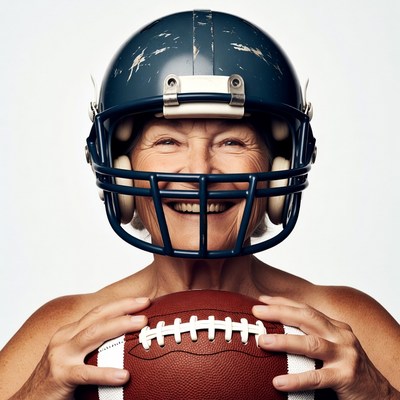Elderly woman holding football in helmet