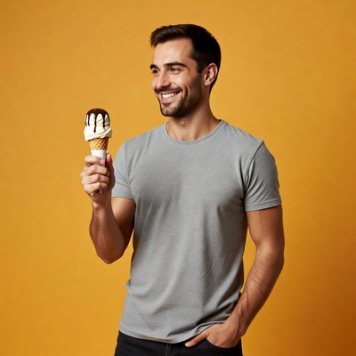Man holding vanilla ice cream cone