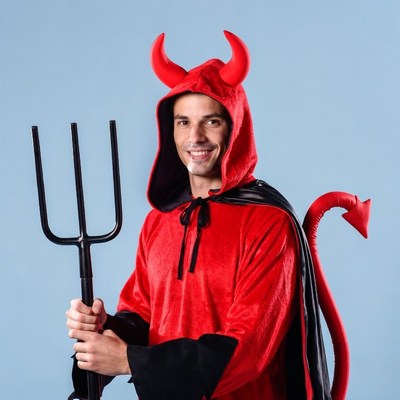Man in red devil costume with pitchfork