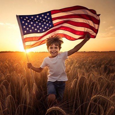 Boy holding American flag in wheat field