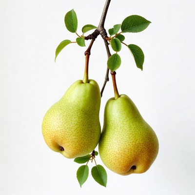 Two Pears Hanging on Branch