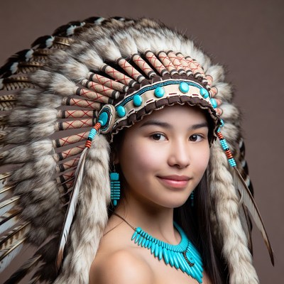 Asian girl wearing Native American headdress