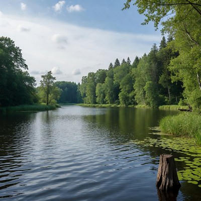 Serene Forest River with Lily Pads