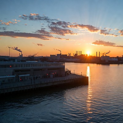 Industrial Factories at Sunset over Harbor