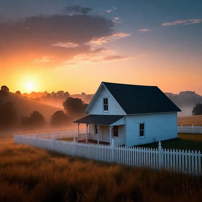 White farmhouse at golden sunset