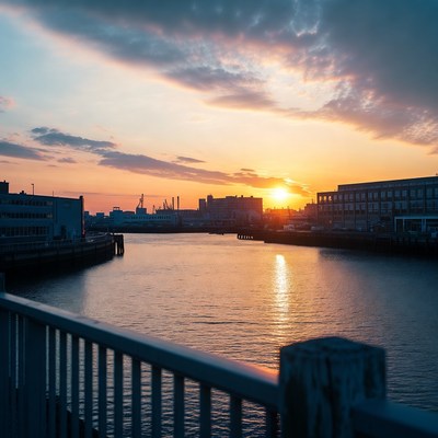 Sunset over industrial harbor docks