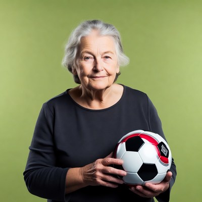 Elderly woman holding soccer ball