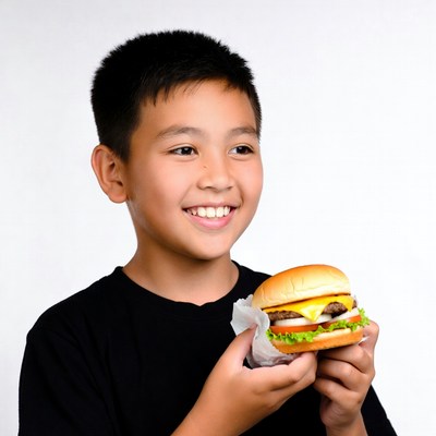 Asian boy holding burger