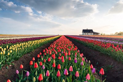 Colorful Tulip Fields with House