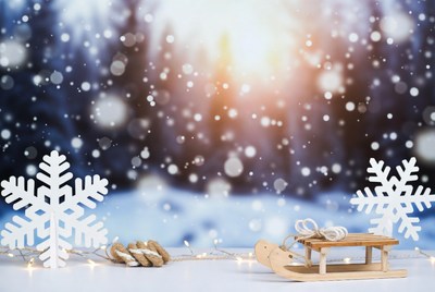 Wooden Sled with Snowflakes on Snowy Background