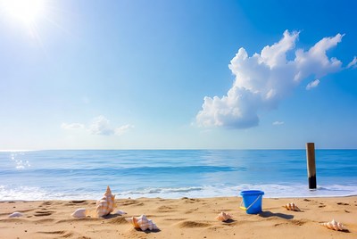 Beach sand with seashells and blue bucket