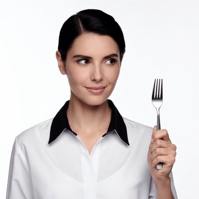 Woman holding fork thoughtfully