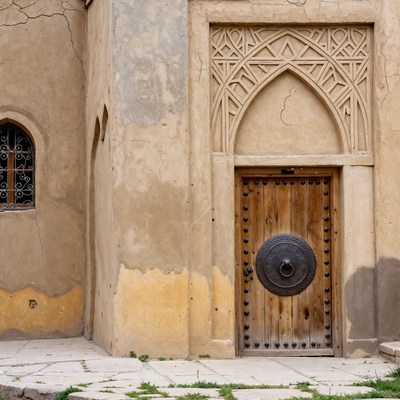 Traditional Wooden Door on Stone Arch