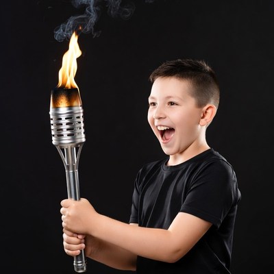 Boy holding lit torch