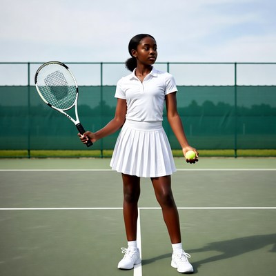 African-American girl holding tennis racket and ball