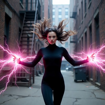 Woman wielding pink lightning in alley