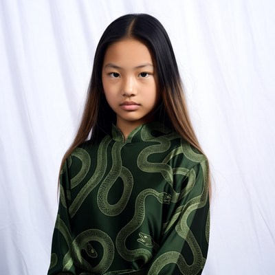 Asian girl in green snake dress