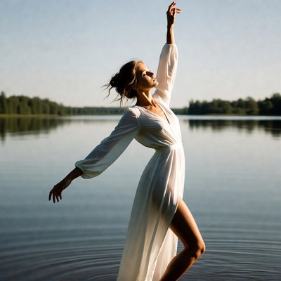 Woman dancing in white dress by lake
