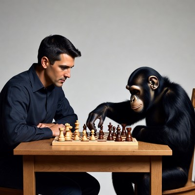 Man playing chess with chimpanzee