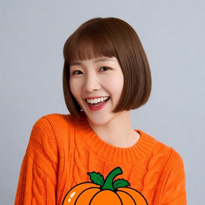 Asian woman smiling with pumpkin sweater