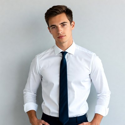 Handsome man in white shirt and navy tie