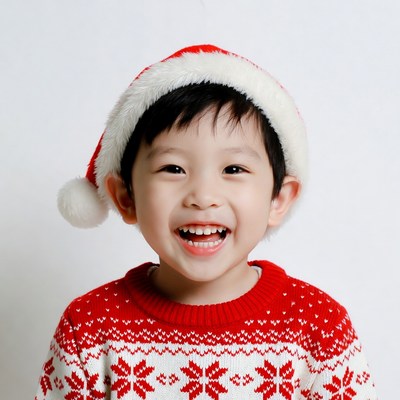 Asian boy smiling in Santa hat