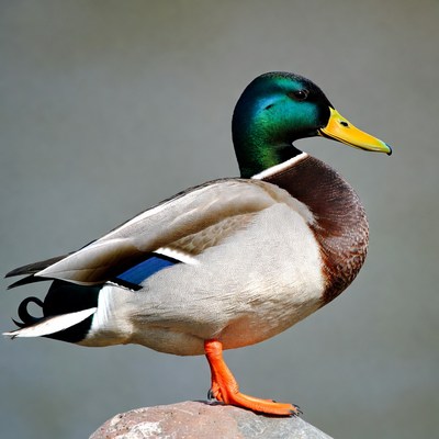 Mallard duck standing on rock