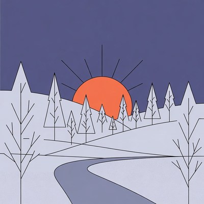 Sunset over snowy trees and river