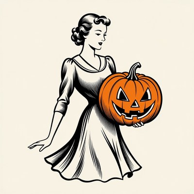 Vintage woman holding jack-o-lantern