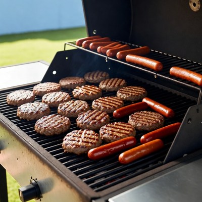 Grilled burgers and hot dogs on barbecue
