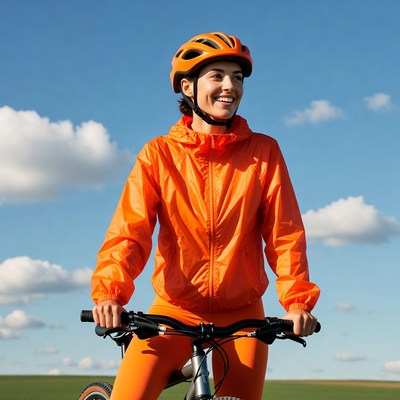 Smiling woman biking in orange outfit