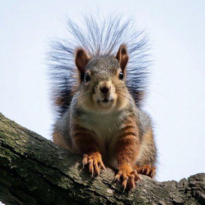 Fluffy squirrel on tree branch