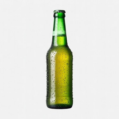Condensation-covered green beer bottle