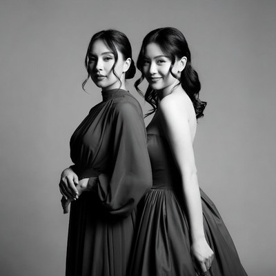 Two Asian women in elegant dresses