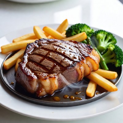 Grilled Steak with Fries and Broccoli