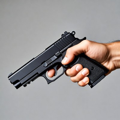 Man's hand holding black pistol