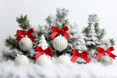Christmas Ornaments with Red Bows on Snow