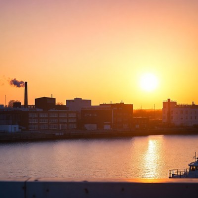 Industrial Silhouette Sunset Over River