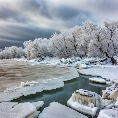 Winter River with Frosted Trees and Ice