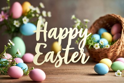 Happy Easter Basket with Colored Eggs