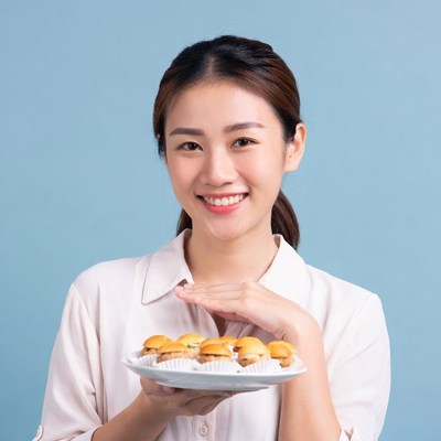 Asian woman holding sliders plate