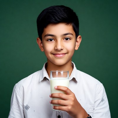 Young boy holding glass of milk