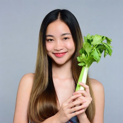 Asian woman holding celery