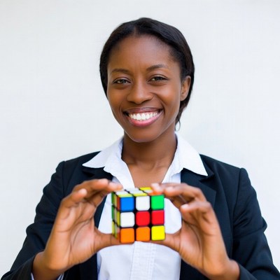 African-American woman holding Rubik's cube